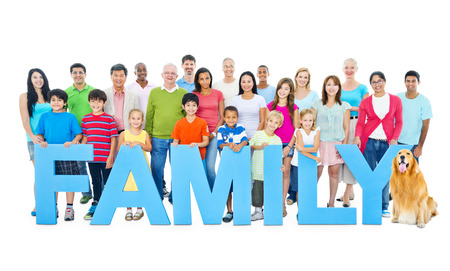 31301159 - multi-ethnic group of people holding "family" letters